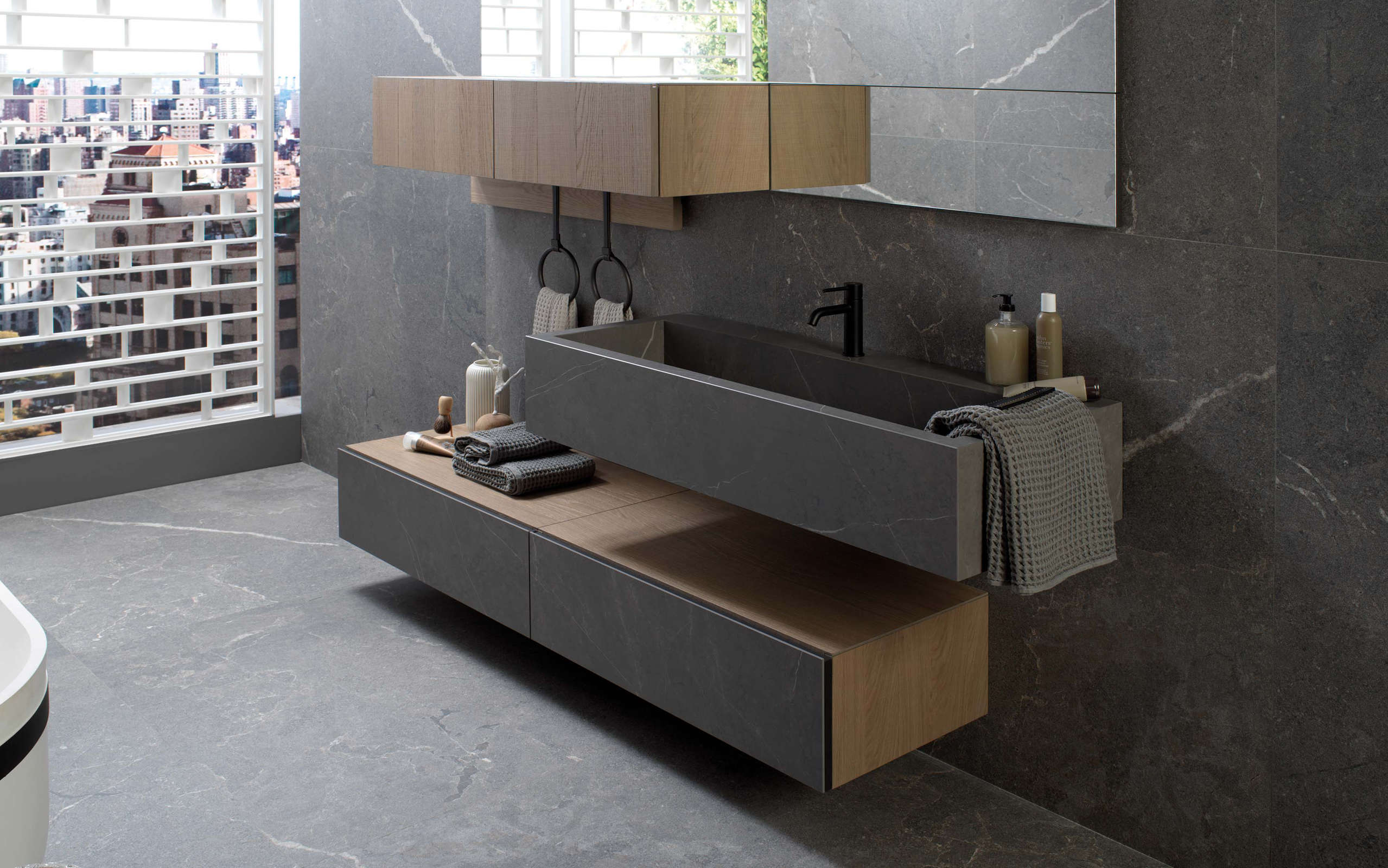 Mueble baño Roble Polvo Liem Grey. Porcelanosa. Establecimientos rey.